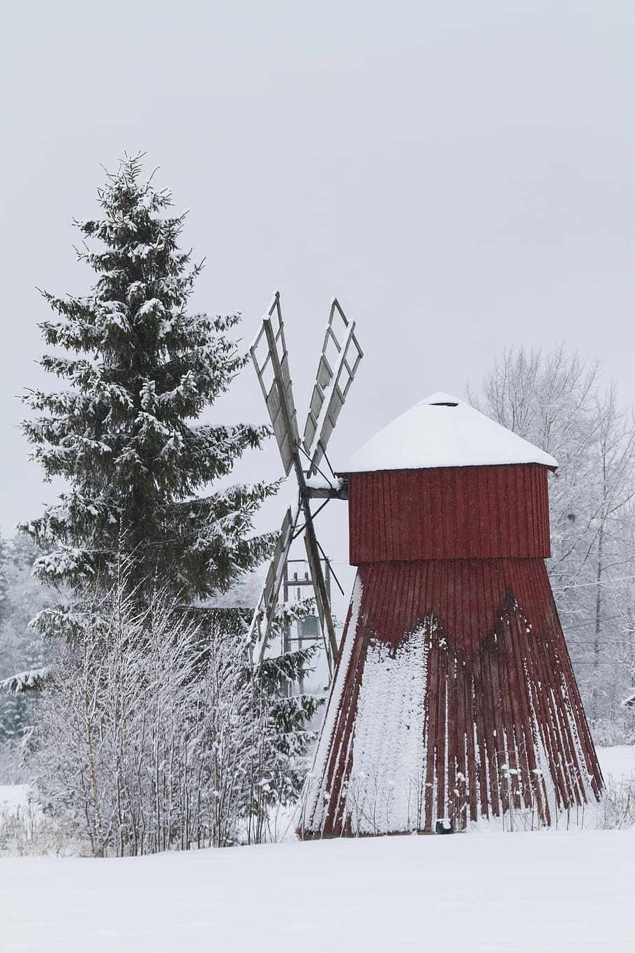 Windmill, Museum, Tower, Wings, the wings, winter, snow, bush HD wallpaper