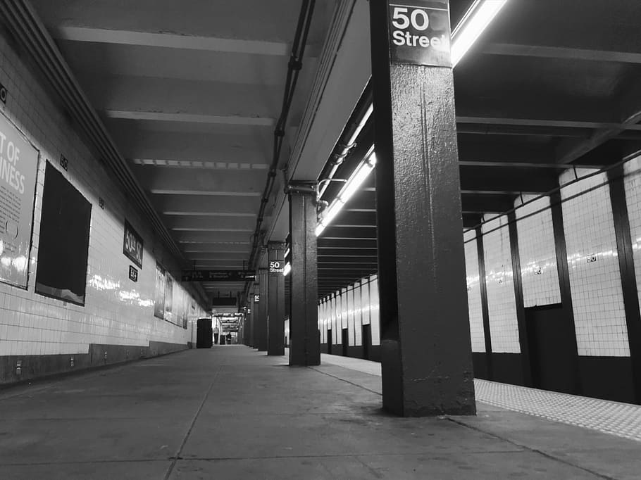 grayscale photo of 50 Street subway station, New York, Subway