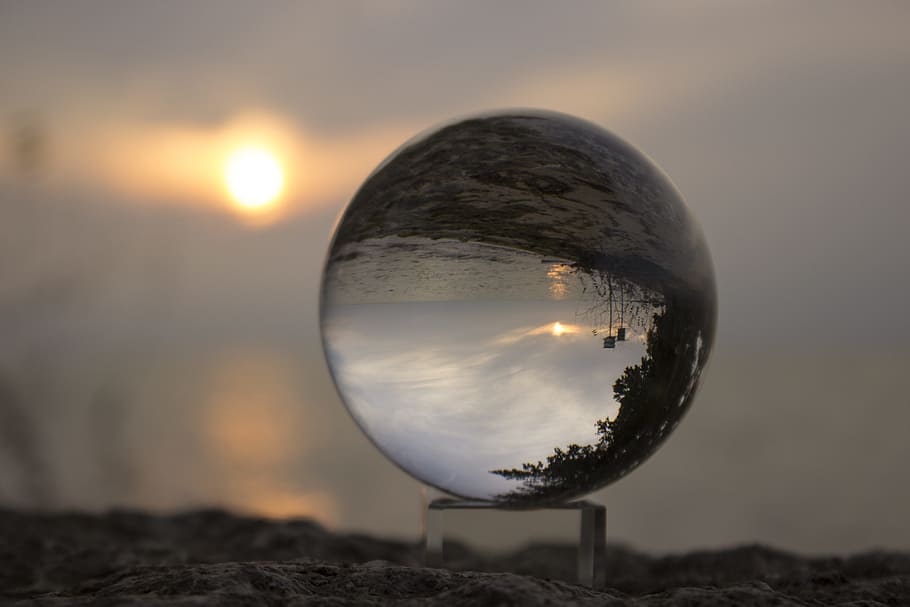 sunset, beach, evening, beach sunset, reflection, sphere, nature HD wallpaper