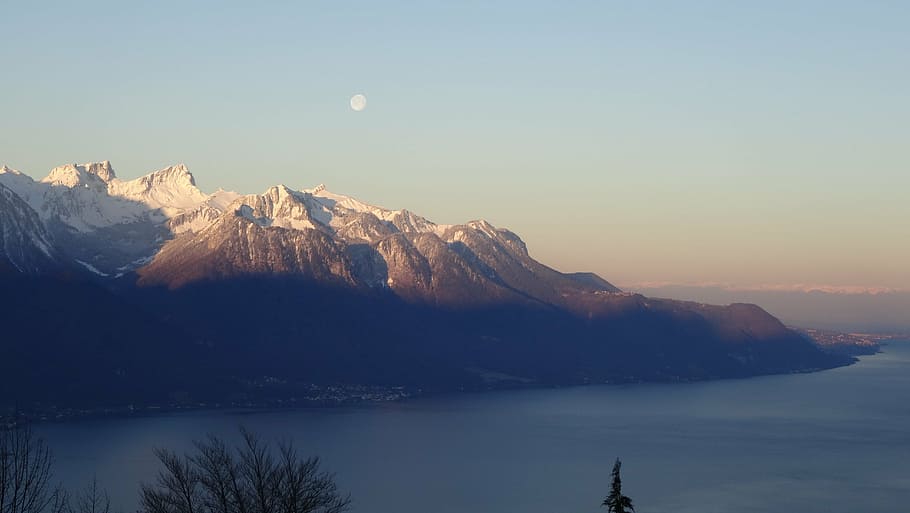 snow capped mountain near body of water, landscape, moon, lake HD wallpaper