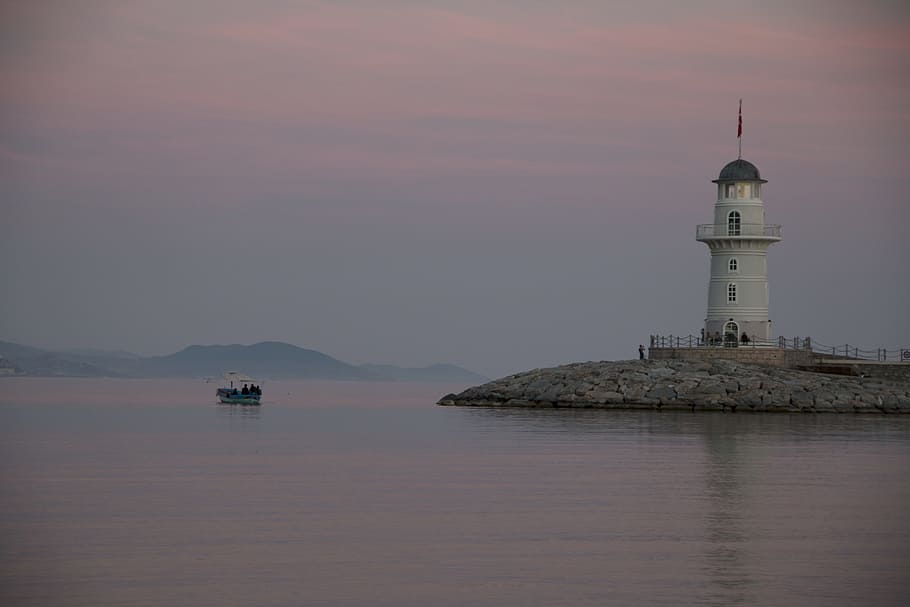 Lantern, Lighthouse, Landscape, blue, sunset, sky, clouds, port HD wallpaper