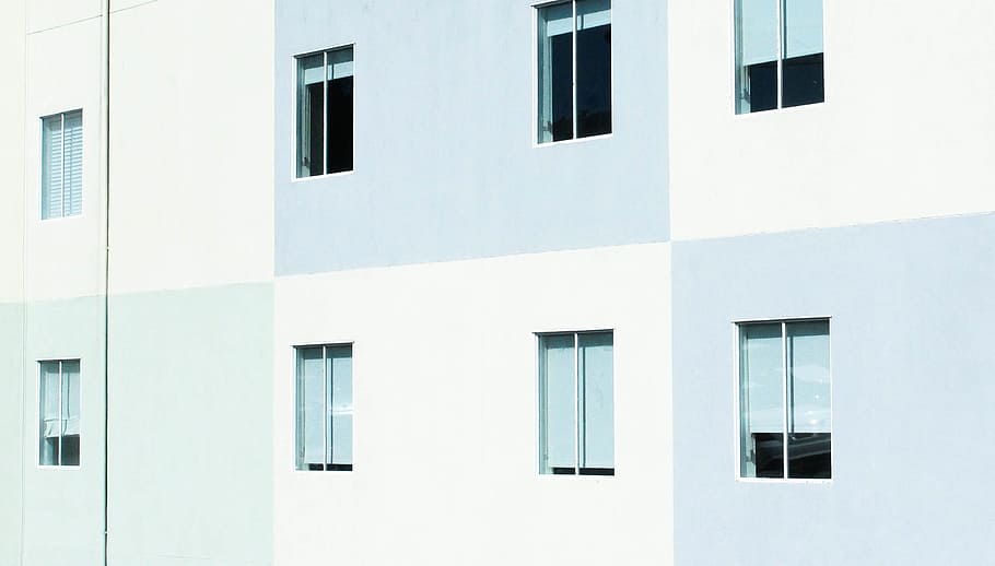 white and gray painted building with glass windows, plain, modern HD wallpaper