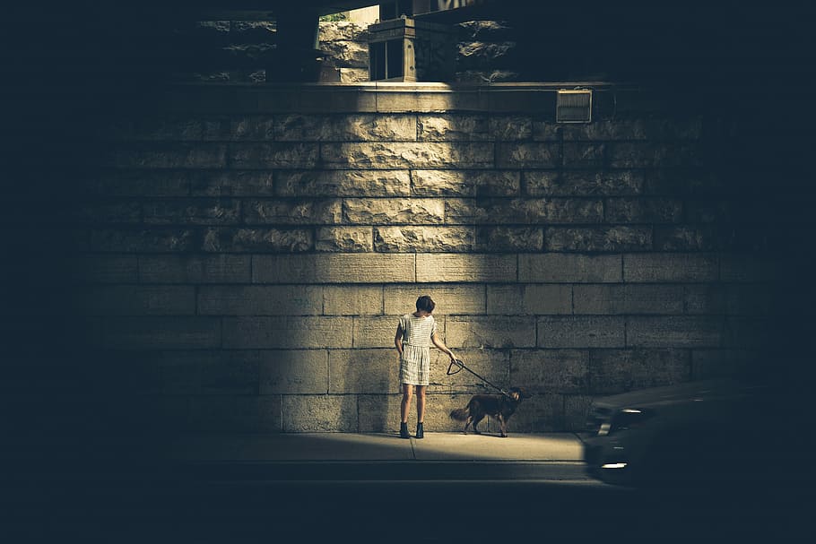 man in white shirt and white bottoms standing beside gray concrete wall while holding dog leash near car during nighttime HD wallpaper