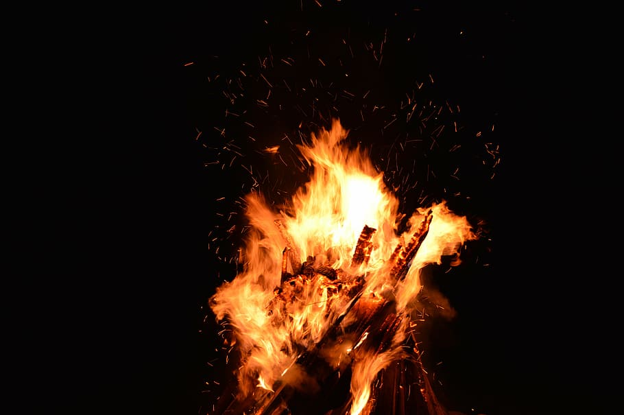 bonfire, sparks, flame, fire background, heat, hot, burn, yellow HD wallpaper