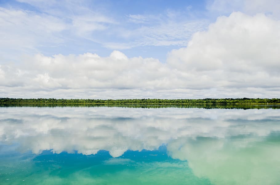 reflection of clouds in body of water, reflective photography of mountain HD wallpaper