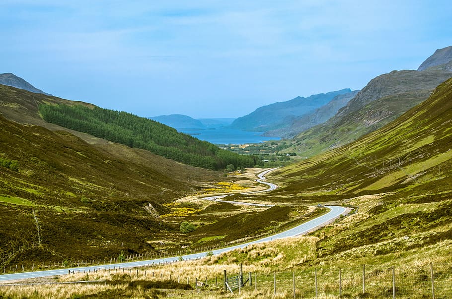 Road, Wound, Winds, Sky, Lake, loch maree, water, clouds, nature HD wallpaper