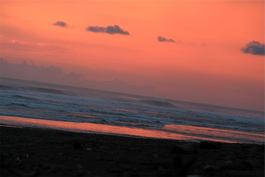 sunset, dusk, red, sky, beach, sand, water, waves, ocean, sea HD wallpaper