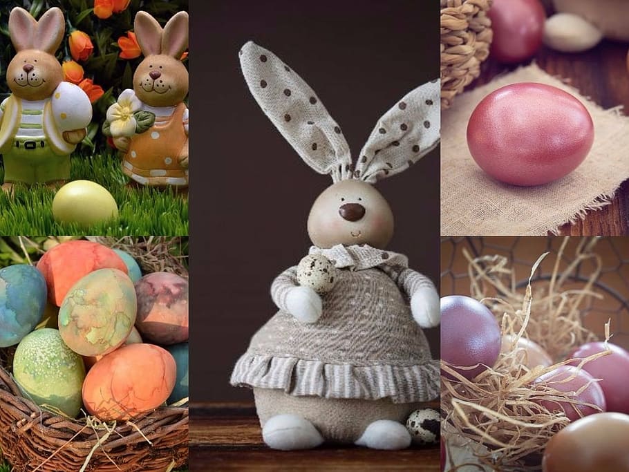 bunny figurine and egg collage, background, easter, colorful eggs HD wallpaper