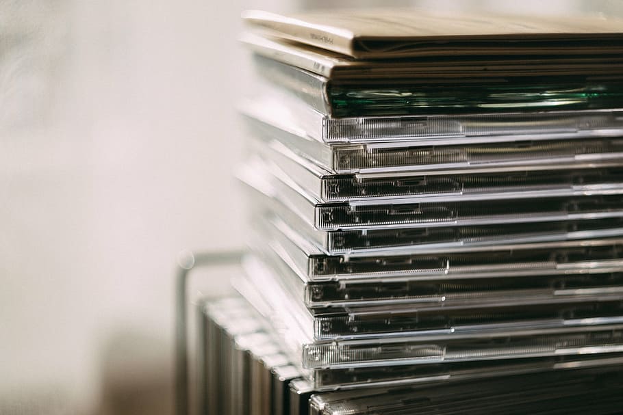 selective focus photograph of CD cases, record, music, sound HD wallpaper