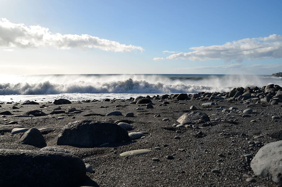 sea, coast, beach, wave, surf, sand, cloud - sky, land, nature HD wallpaper