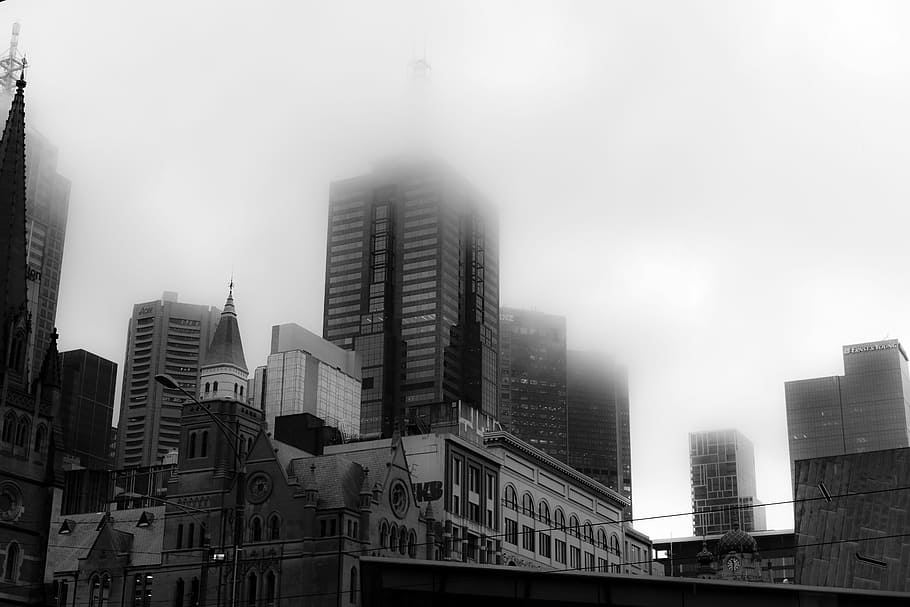 grayscale photo of black and white concrete building, low-angle photography of high-rise buildings HD wallpaper