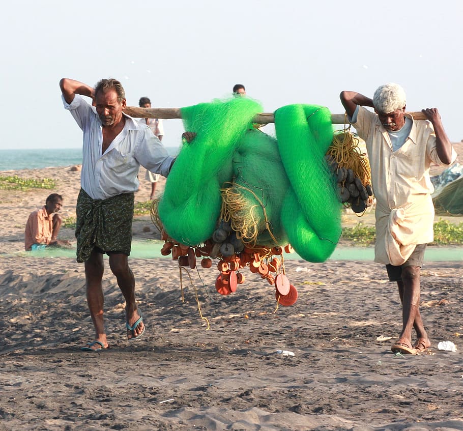 fishermen, nets, india, work, fishing, beach, fishing net, full length HD wallpaper