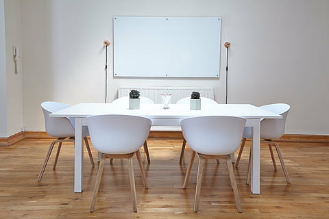 rectangular white wooden table and six chairs in white wall paint room HD wallpaper