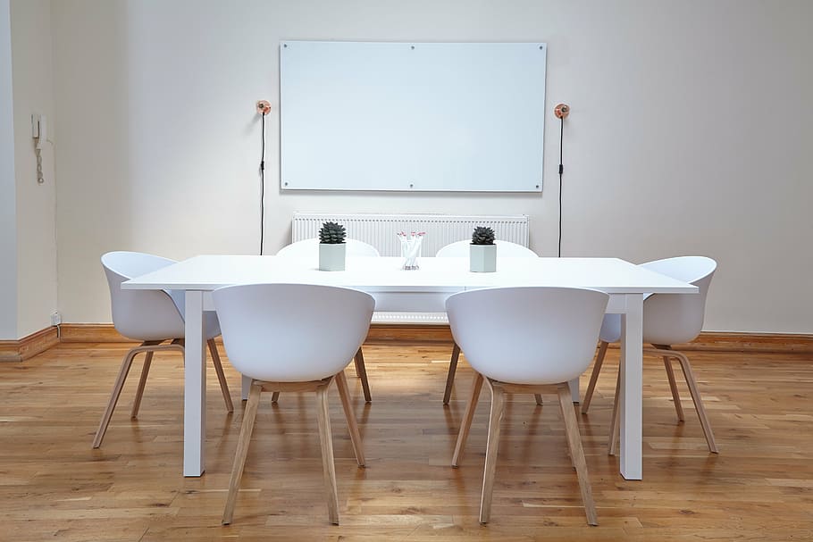 rectangular white wooden table and six chairs in white wall paint room HD wallpaper