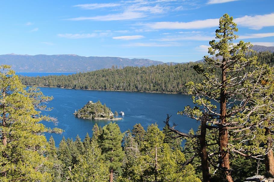 lake tahoe, emerald bay, water, island, landscape, wilderness