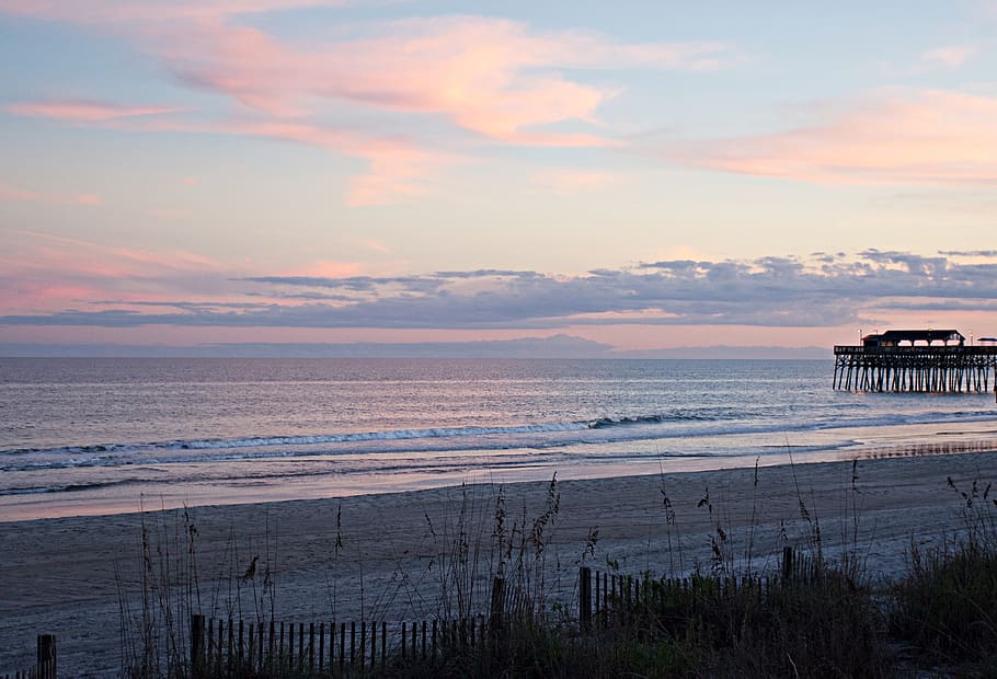 myrtle beach, sunrise, pier, ocean, water, sea, sky, scenics - nature, HD wallpaper