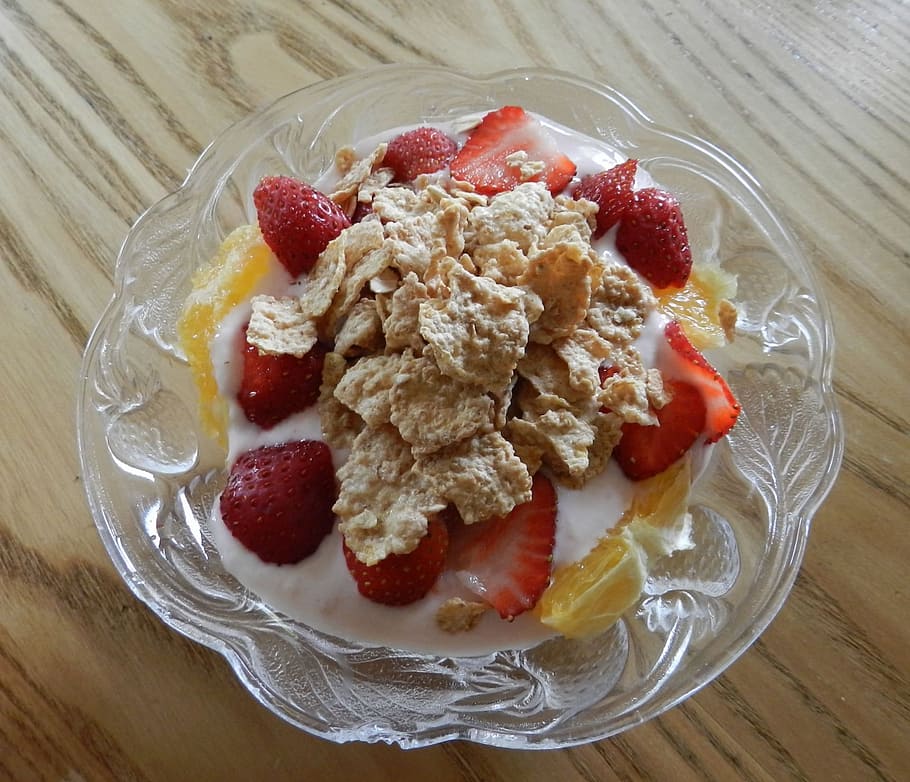 Fruit, Yogurt, Grain, Flakes, corn flakes, strawberry, strawberries HD wallpaper