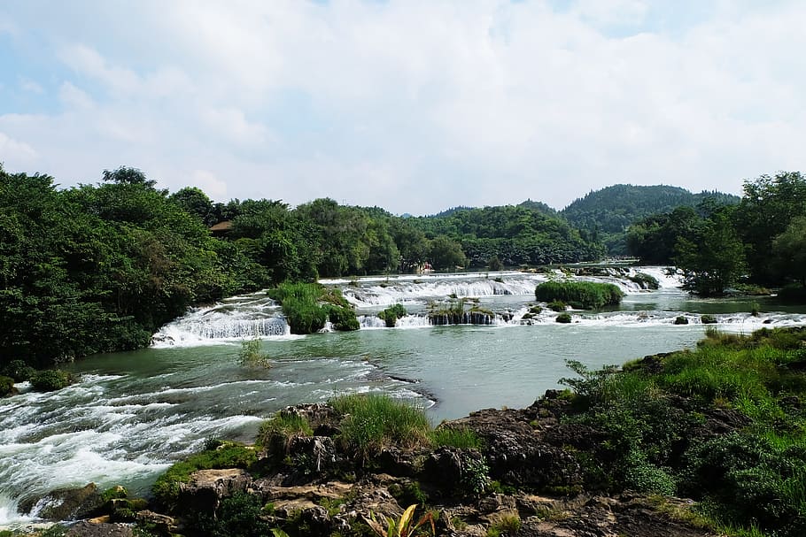 the beauty of guizhou, falls, huangguoshu falls, water, tree, HD wallpaper