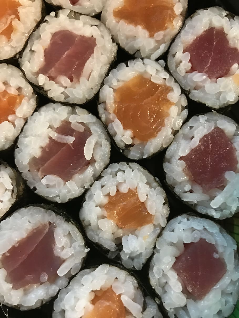 sushi, fish, dinner, snack, rice, orange, pink, seafood, japanese HD wallpaper