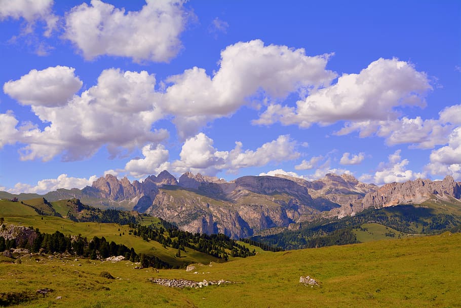 dolomites, clouds, prato, sky, mountain, grass, nature, italy, HD wallpaper