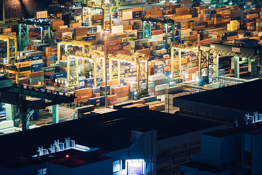 intermodal container wharf, aerial photo of container port, cargo HD wallpaper