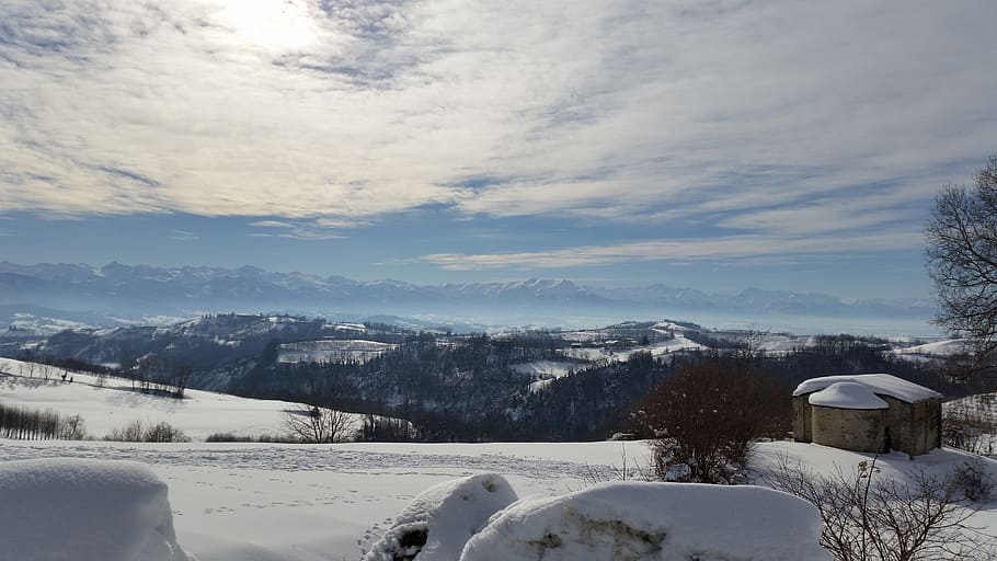 langhe, hills, winter, snow, cold temperature, sky, cloud - sky HD wallpaper