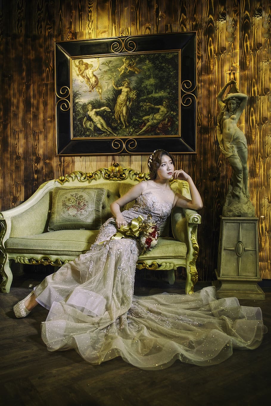 woman sitting on couch, dresses, gorgeous, luxury, model, wedding HD wallpaper