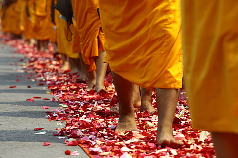 people stepping on debris, walk, buddhists, monks, tradition HD wallpaper