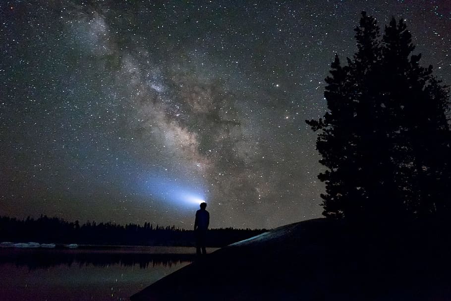 silhouette of man standing near body of water under night sky, silhouette of man looking up in the starry skies HD wallpaper