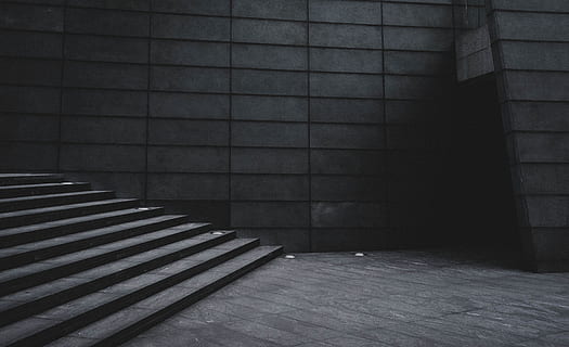 grayscale photo of stairs beside building, grey concrete stair HD wallpaper