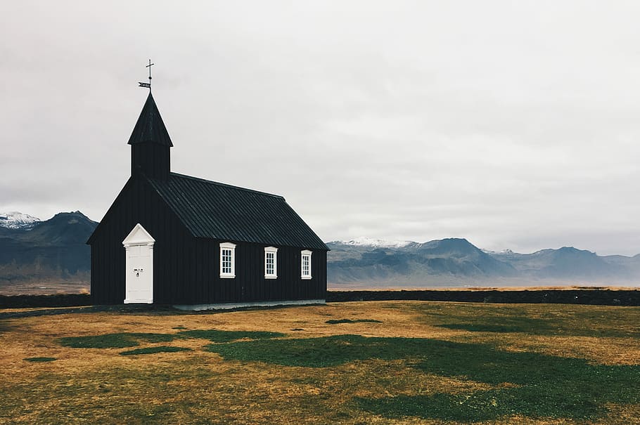 black and white church at daytime, black church within mountain range during daytime HD wallpaper