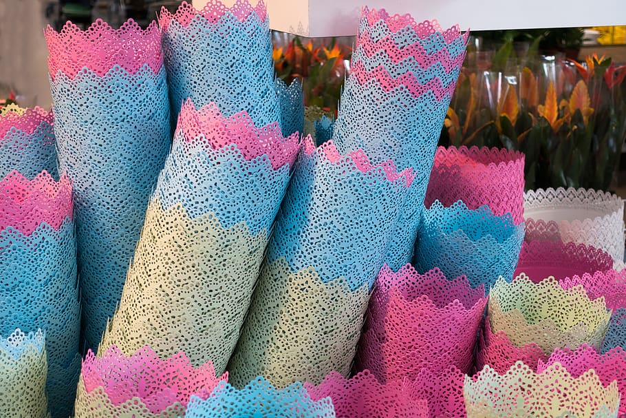 purchasing, flowerpot, stack, shelf, pink, green, blue, pastel color HD wallpaper