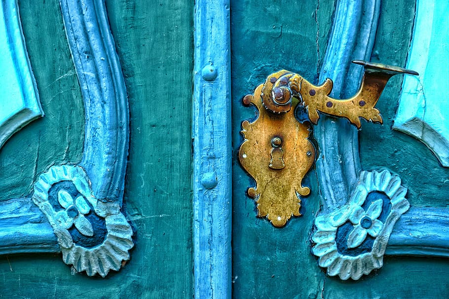closed gold and gray door, castle, blue, romantic, building HD wallpaper