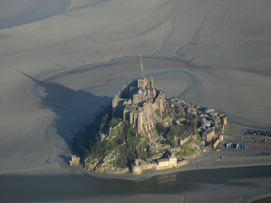 mont-st-michel, normandy, twilight, france, aerial View, church, HD wallpaper