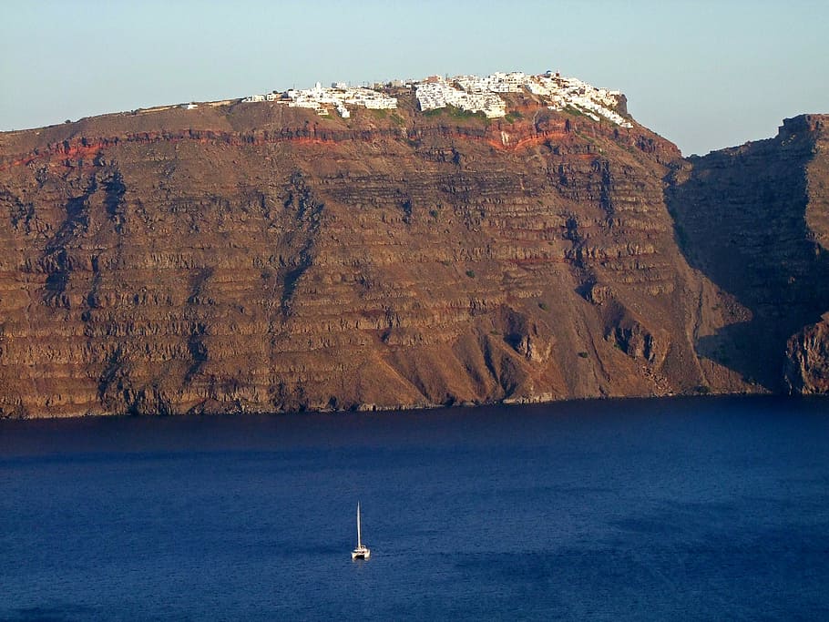 crater rim, sea, santorini, greece, cyclades, holiday, tourism, HD wallpaper