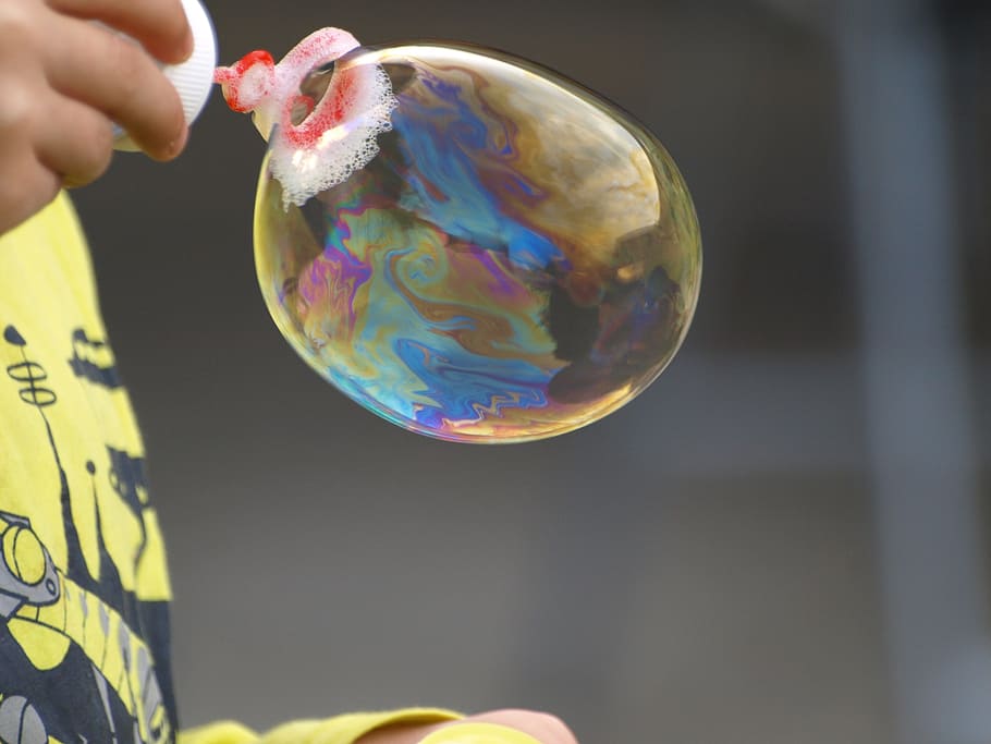 soap bubble, blow, bubble ring, shimmer, colorful, human hand HD wallpaper