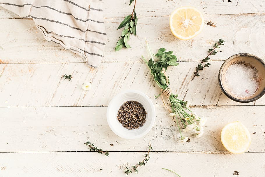 green leafed plant and slice of lemon, photo, herb, white, ceramic HD wallpaper