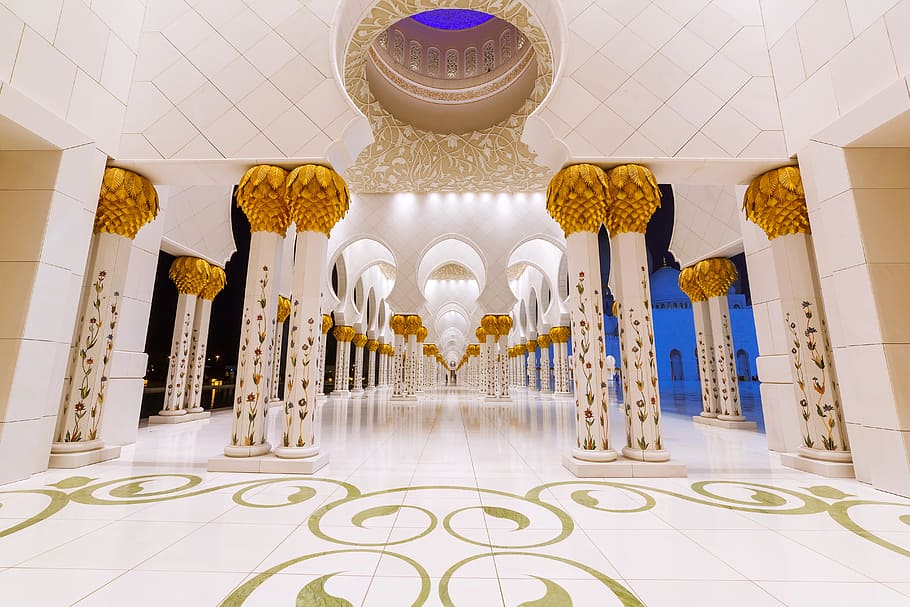 white tiled corridor, prayer, masjid, religious, built structure HD wallpaper
