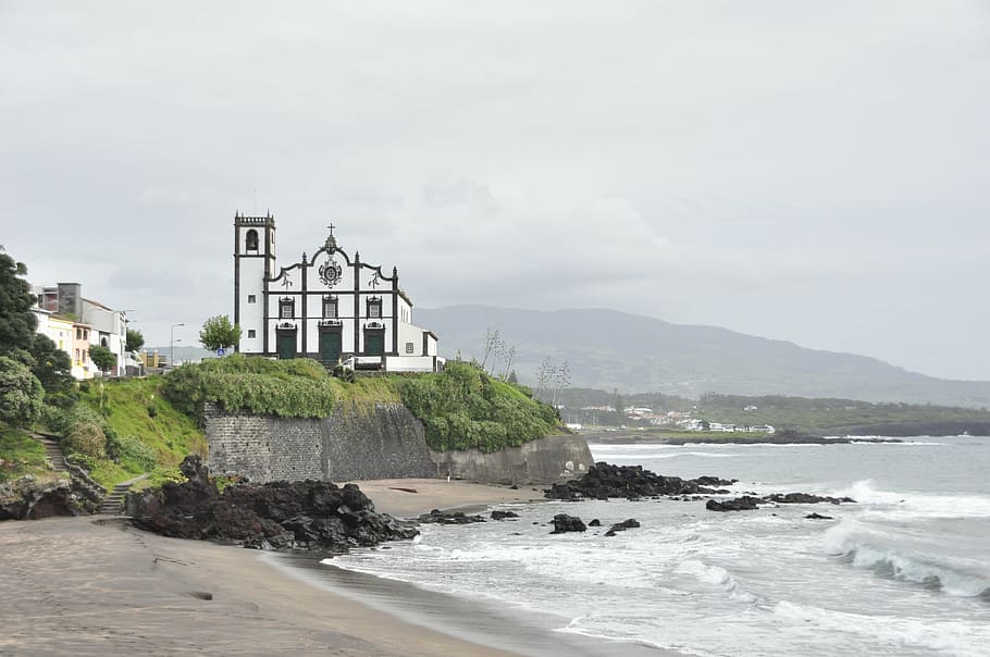 sao miguel, azores, holiday, coast, water, sea, waves, church