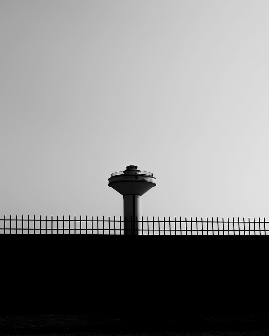 white tower under blue sky, gray tower, fence, building, architecture HD wallpaper