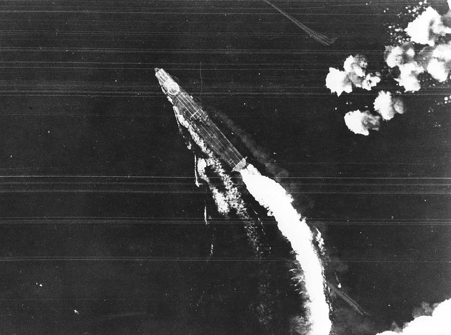 Bomber View of Japanese Carrier Hiryu at Midway, World War II