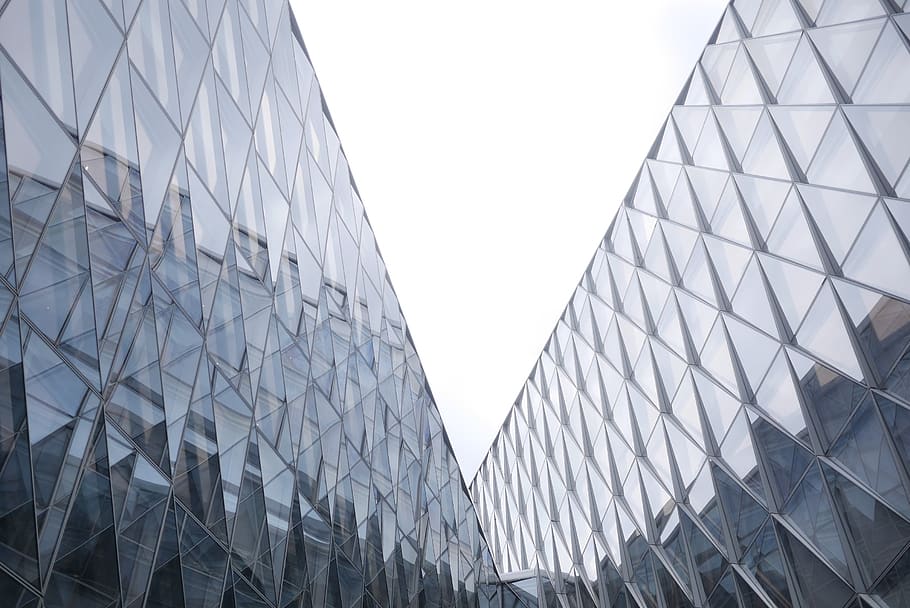 architecture, geneva, switzerland, clouds, triangles, reflections HD wallpaper