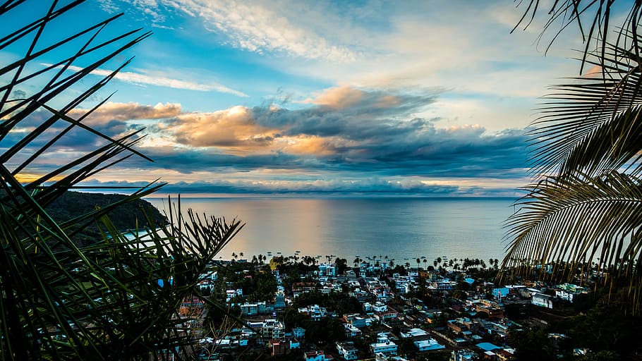 sea, landscape, nature, beach, architecture, bay, clouds, coconut HD wallpaper
