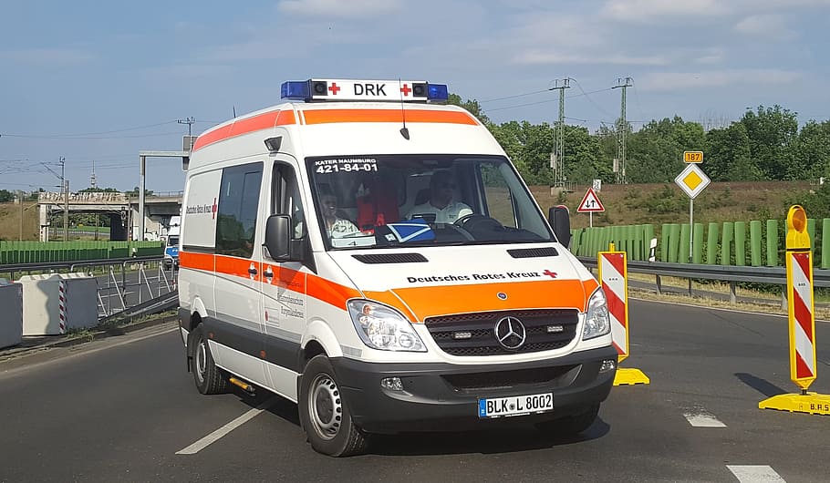 white and orange Mercedes-Benz Sprinter van parked on road, ambulance, HD wallpaper