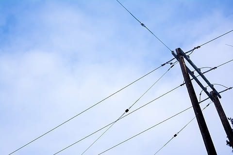 black electric post under cloudy sky, cable, photo, power lines HD wallpaper