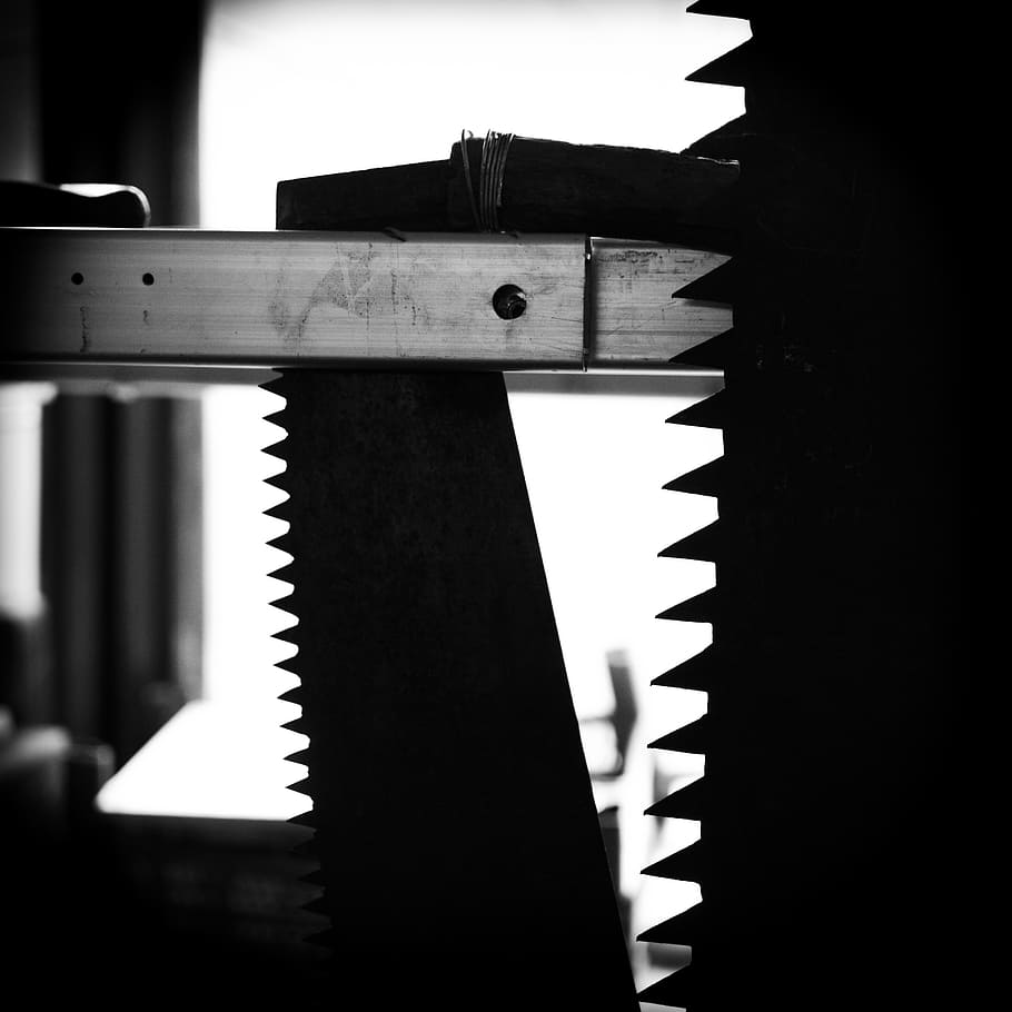 saw, tool, silhouette, black, white, metal, construction, sawing, HD wallpaper