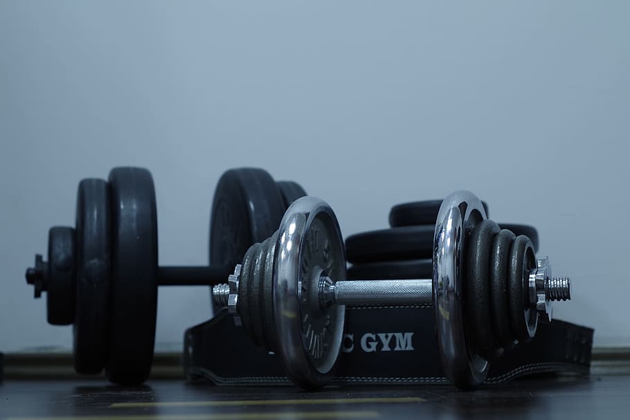 two black dumbbells, sport, exercise, gym, bitumen, iron, health, HD wallpaper