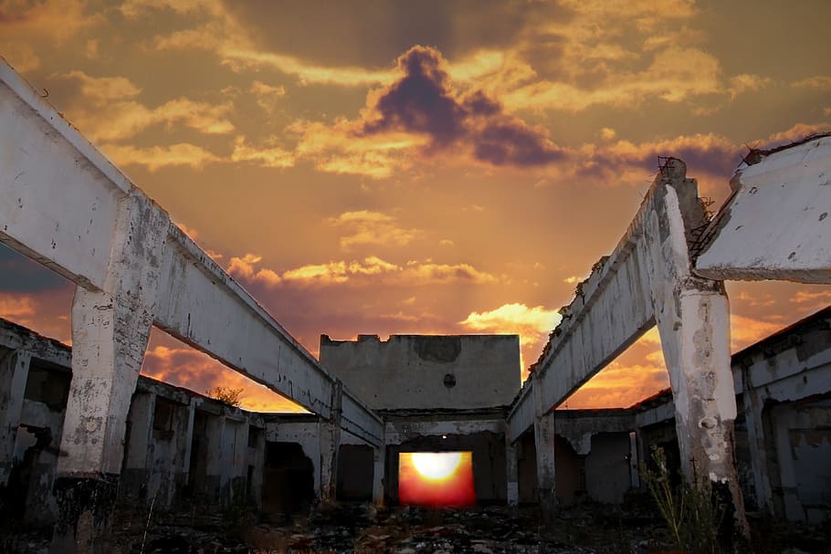 Ruins, Building, Sunset, Sun, Cloud, Sky, cloud - sky, dramatic sky HD wallpaper