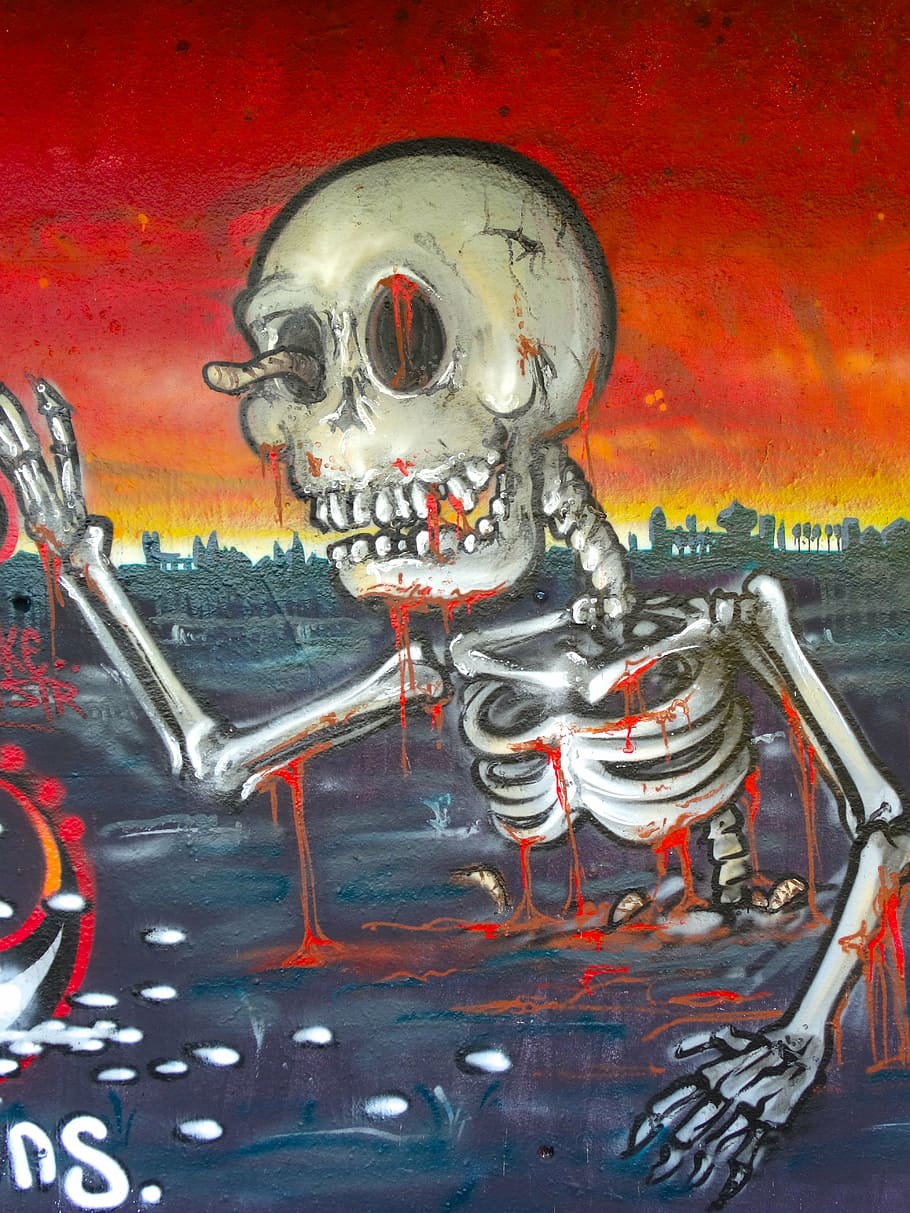 graffiti, skeleton, death, setting, end of the world, bleak HD wallpaper