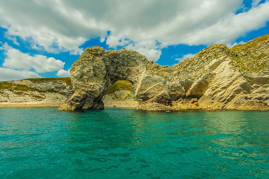 durdle door, ocean, dorset, england, reef, water, cloud - sky, HD wallpaper